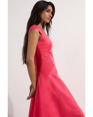 Karen Millen Premium Linen Pintuck Detail Full Skirted Tailored Midi Dress