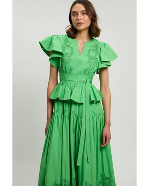 Karen Millen Cotton Cutwork Belted Midi Dress - Green