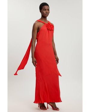 Karen Millen Viscose Georgette Rosette Ruffle Halterneck Maxi Dress - Red
