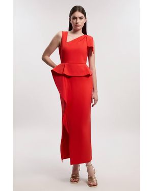 Karen Millen Compact Stretch Ruffle Peplum Belted Pencil Midi Dress - Red