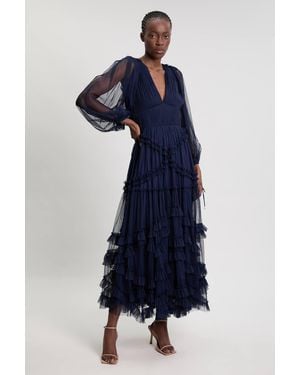 Karen Millen Tulle Layered Long Sleeve Maxi Dress - Blue