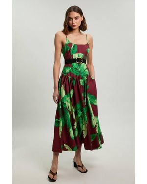 Karen Millen Petite Viscose Linen Palm Tree Belted Drop Waist Woven Midi Dress - Green