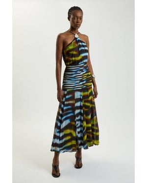 Karen Millen Petite Viscose Georgette Drop Hem Animal Print Woven Halterneck Maxi Dress - White