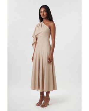 Karen Millen Petite Premium Tailored Linen High Neck One Shoulder Full Midi Dress - Natural