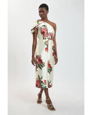 Karen Millen Fruit Print One Shoulder Twill Midi Dress - White