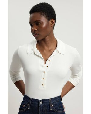 Karen Millen Viscose Rib Jersey Long Sleeve Collared Button Top - White