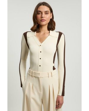 Karen Millen Viscose Rib Contrast Colour Button Knit Top - Natural