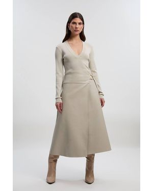 Karen Millen Figure Form Pu Mix Tab Detail Pleated Knit Midi Dress - Natural