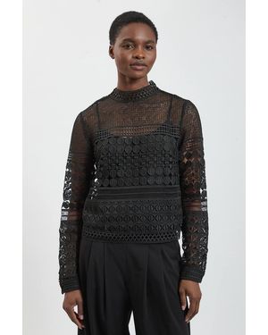 Karen Millen Cotton Lace Long Sleeve Top - Black