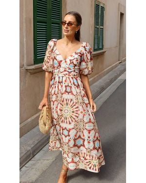 Karen Millen Tile Print Silk Cotton Volume Sleeve Woven Maxi Dress - Multicolour