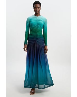 Karen Millen Long Sleeve Ombre Mesh Maxi Dress - Blue