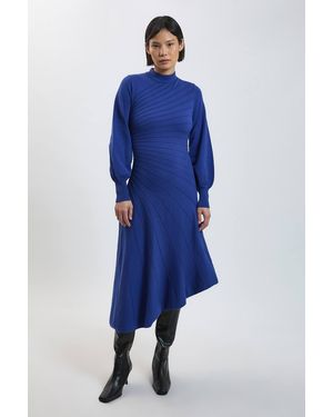 Karen Millen Petite Wool Look Rib Detail Long Sleeve Knitted Dress - Blue