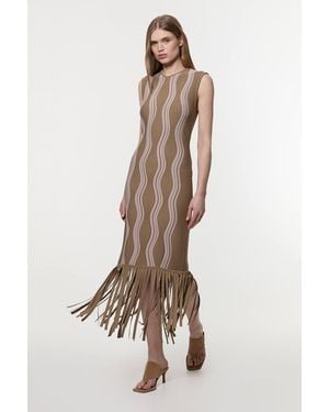 Karen Millen Contrast Wave Knit Dress With Fringing - Natural