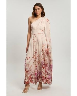 Karen Millen Crinkle Georgette Floral Print One Shoulder Woven Maxi Dress - Pink