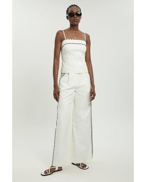 Karen Millen Petite Tailored Linen Blend Contrast Stitch Straight Leg Trouser - White