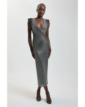 Karen Millen Premium Crystal Embellished Jersey Sleeveless Plunge Neck Midi Dress - Black