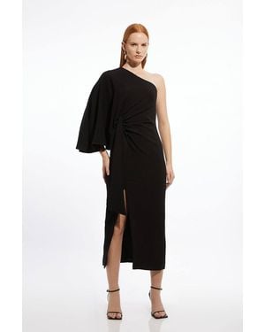 Karen Millen Compact Stretch Viscose Drape Sleeve One Shoulder Tailored Maxi Dress - Black