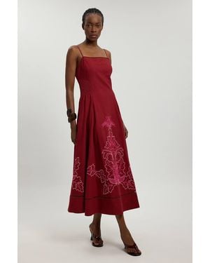 Karen Millen Linen Blend Beaded Cutwork Strappy Midi Dress - Red