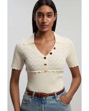 Karen Millen Petite Knit Stitch Detail Rib Collared Short Sleeve Top - Natural