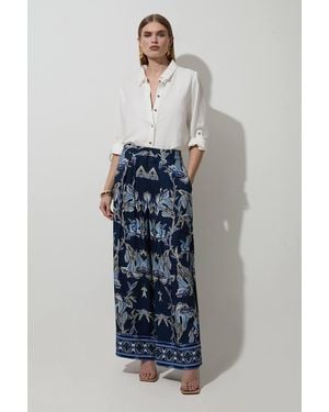 Karen Millen Viscose Linen Mirrored Floral Woven Straight Leg Trouser - Blue
