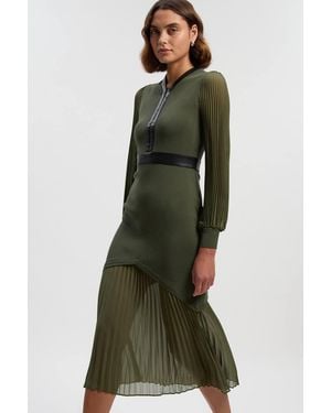 Karen Millen Woven Sleeved Pleated Dress With Pu - Green