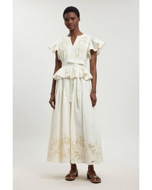 Karen Millen Cotton Cutwork Belted Midi Dress - Natural