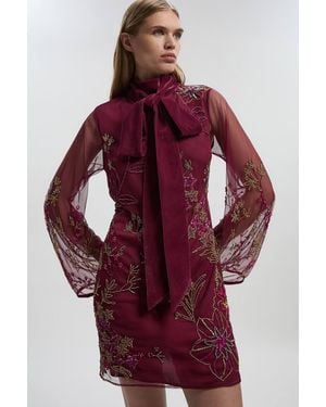 Karen Millen Petite Floral Applique Embellished Organdie Woven Mini Dress - Red