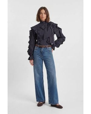 Karen Millen Ruffle Front Cotton Pussy Bow Blouse - Blue