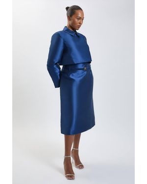 Karen Millen Plus Size Forever Satin Twill Belted Tailored Midi Skirt - Blue