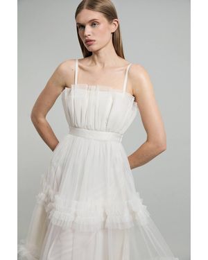 Karen Millen Tulle Bandeau Tiered Midi Dress - White