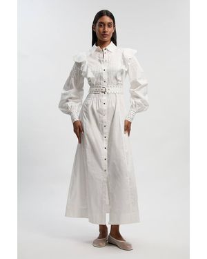Karen Millen Cotton Sateen Drama Sleeve Studded Woven Maxi Shirt Dress - Blue