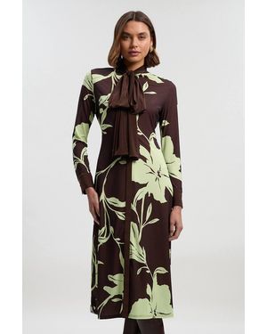 Karen Millen Petite Floral Print Bow Detail Ruched Long Sleeve Crepe Maxi Dress - Multicolour