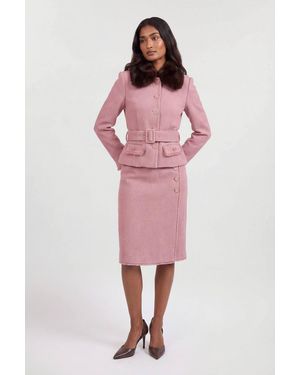 Karen Millen Texture Tweed Detachable Faux Fur Collar Tailored Jacket - Pink