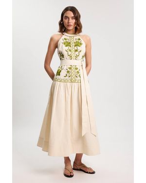 Karen Millen Rose Embroidered Cotton Twill Woven Maxi Dress - Natural