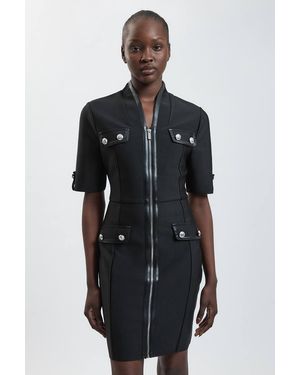 Karen Millen Petite Short Sleeve Pu Tipped Military Bandage Mini Dress - Black