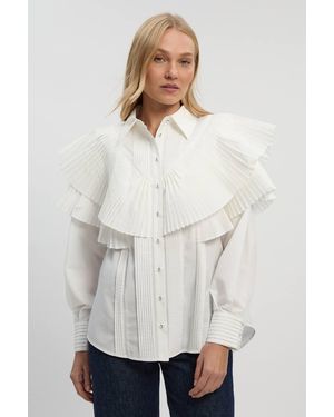Karen Millen Cotton Poplin Ruffle Detail Long Sleeve Woven Collared Shirt - White