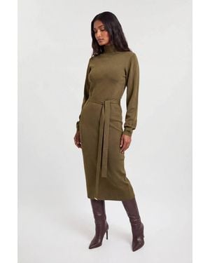 Karen Millen Petite Slinky Drape Knitted Banana Sleeve Funnel Neck Midi Dress - Green