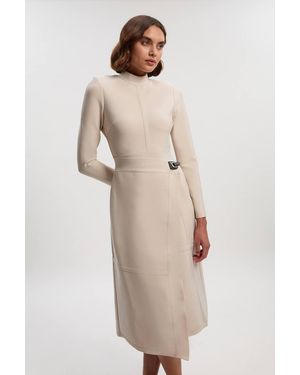 Karen Millen Petite Figure Form Bandage Asymmetric Long Sleeve Knit Midi Dress - Natural