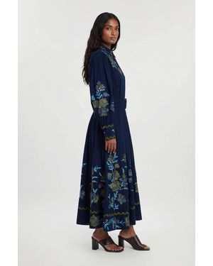 Karen Millen Rose Embroidered Cotton Twill Woven Shirt Dress With Eyelets - Blue