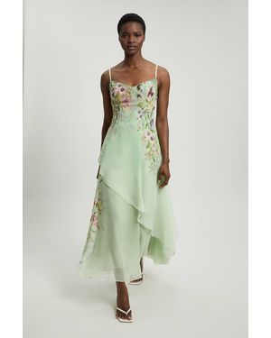 Karen Millen Chiffon Floral Print Strappy Woven Maxi Dress - Green