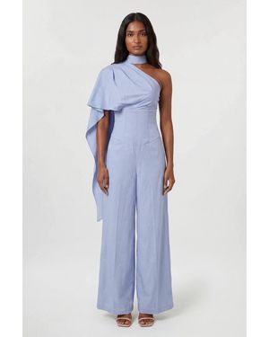 Karen Millen Premium Tailored Linen High Neck One Shoulder Wide Leg Jumpsuit - Blue