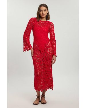 Karen Millen Floral Crochet Woven Backless Maxi Beach Dress - Red