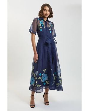 Karen Millen Embroidered Detail Organdie Belted Shirt Dress - Blue
