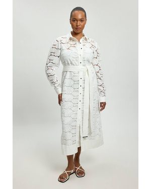 Karen Millen Plus Size Cutwork Cotton Collared Woven Shirt Dress - White