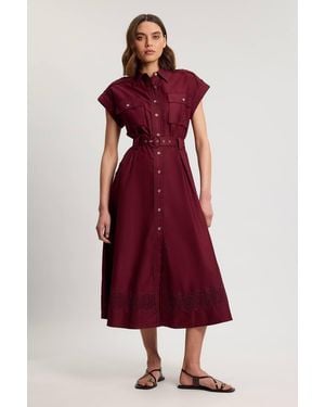 Karen Millen Cotton Sateen With Lace Trim Pocket Detail Shirt Dress - Red