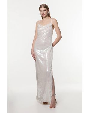 Karen Millen Liquid Shine Strappy Cowl Neck Woven Sequin Dress - White
