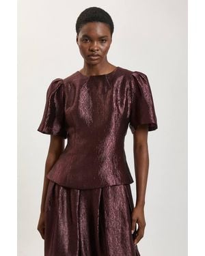 Karen Millen Petite Metallic Textured Puff Sleeve Top