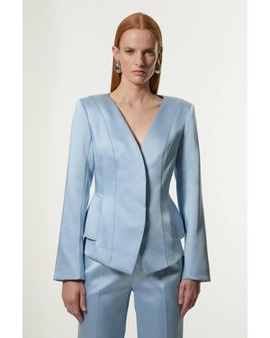 Karen Millen Structured Viscose Satin Stitch Detail Tailored Peplum Blazer - Blue
