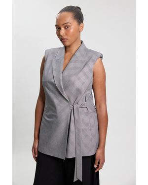 Karen Millen Plus Size Soft Tailored Check Wrap Detail Sleeveless Blazer - Grey