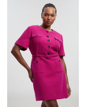 Karen Millen Plus Size Textured Tweed Belted Tailored Mini Dress - Pink